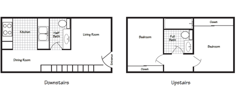 Floor plan for 2 beds, 1.5 baths, 975 sqft